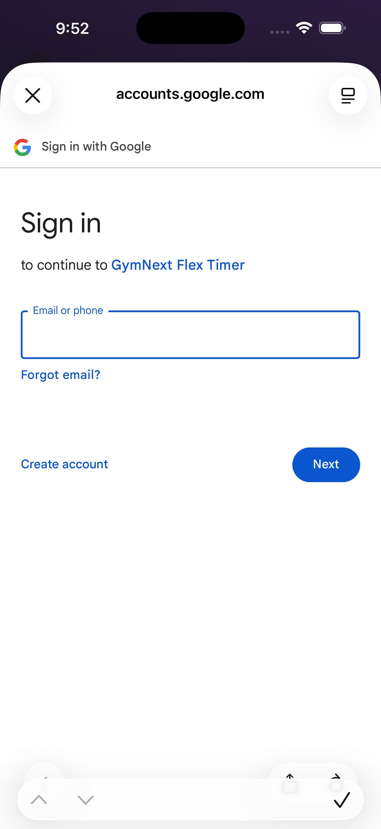 Schermata di accesso Google per GymNext Flex Timer