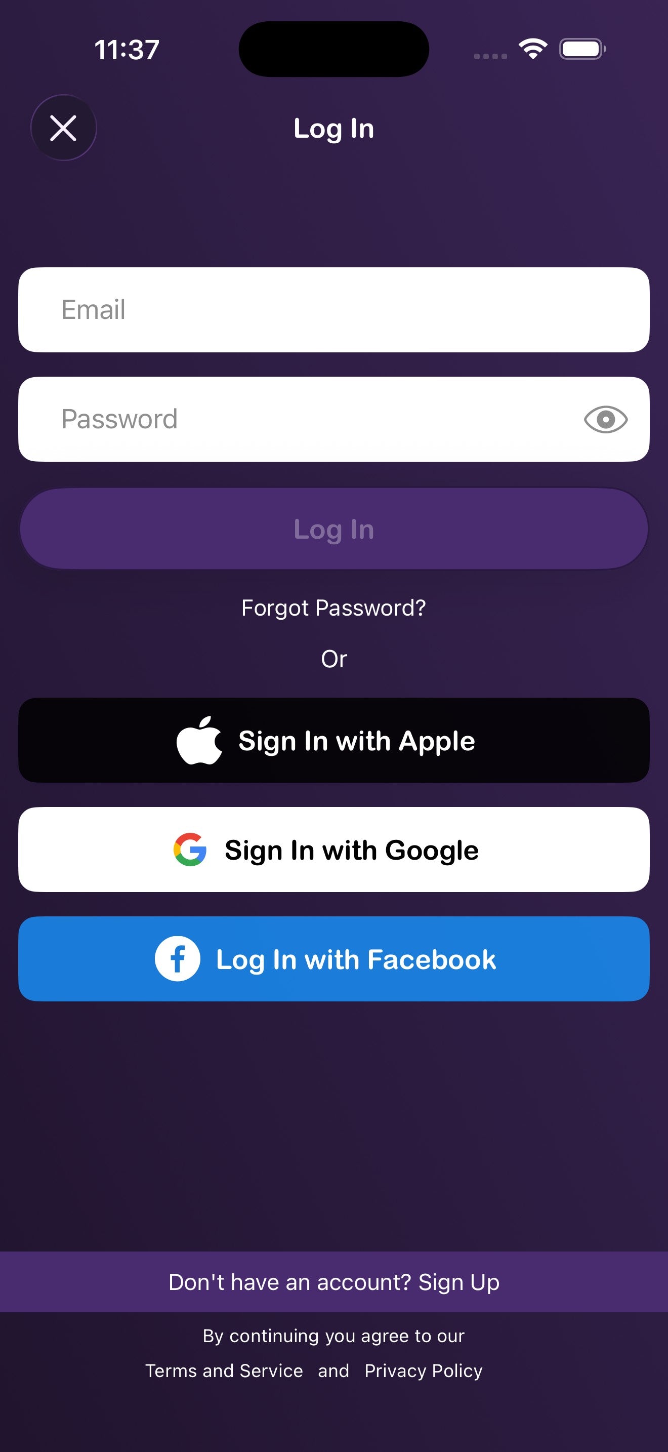Schermata di accesso con email/password e pulsanti di accesso social