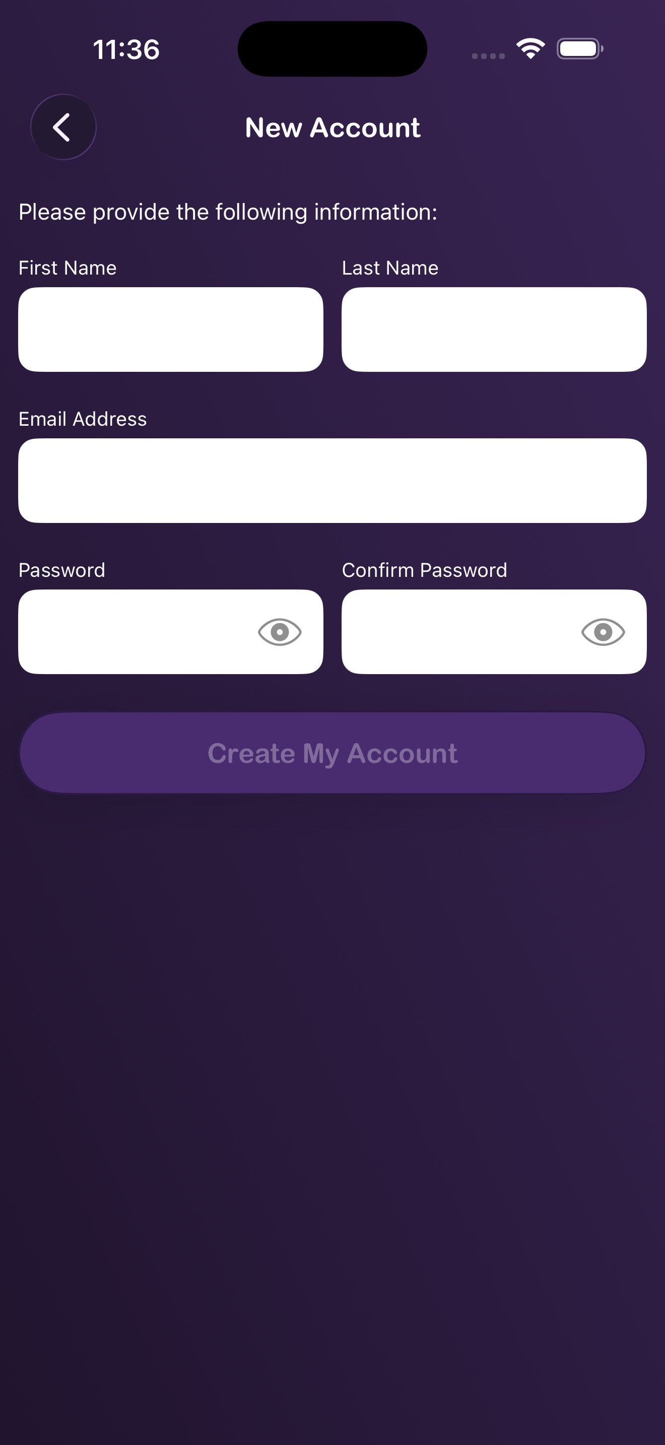 Modulo Nuovo account con campi per nome, email e password