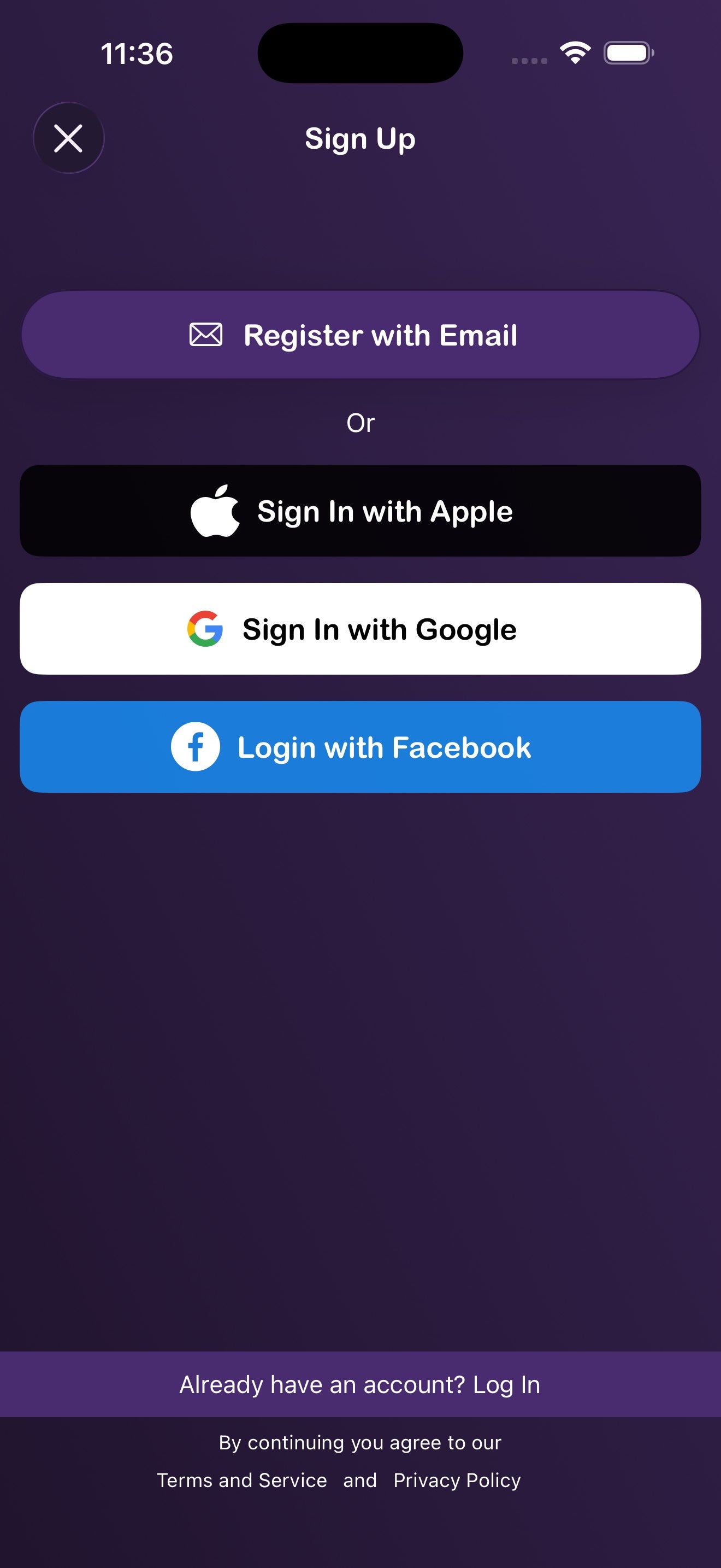 Opzioni di registrazione: Email, Apple, Google e Facebook