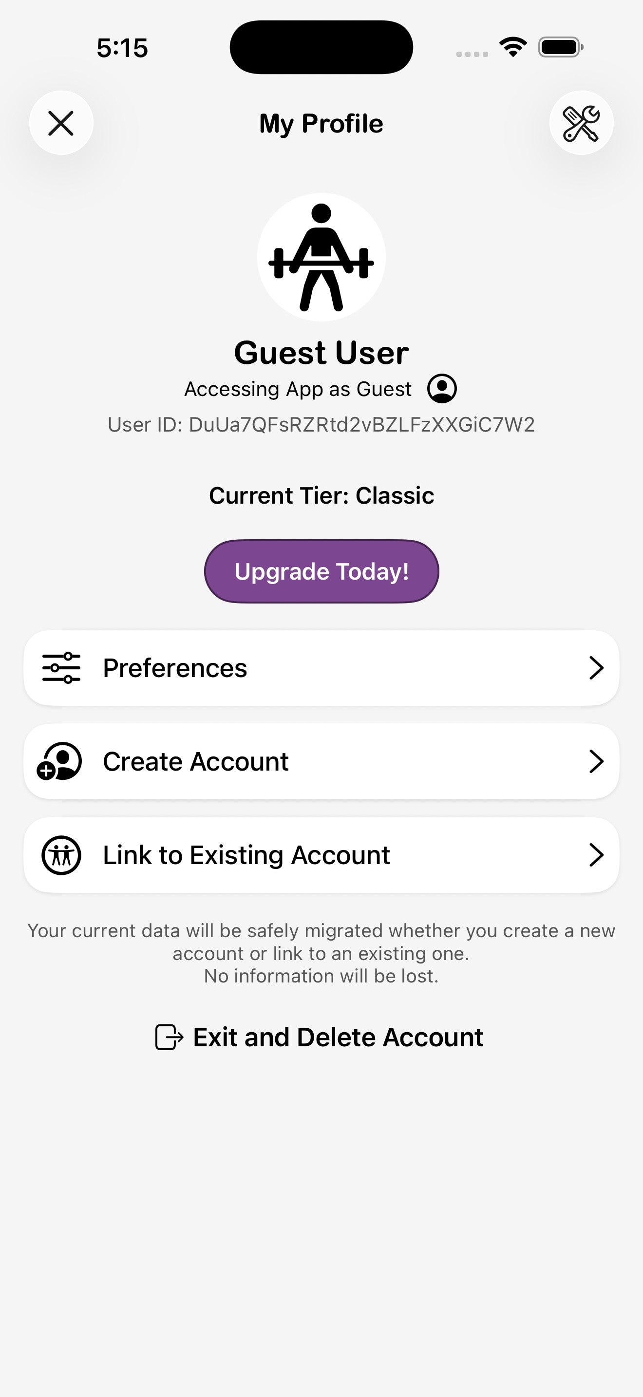 Schermata Il mio profilo che mostra l'utente ospite con livello Classic e opzioni account