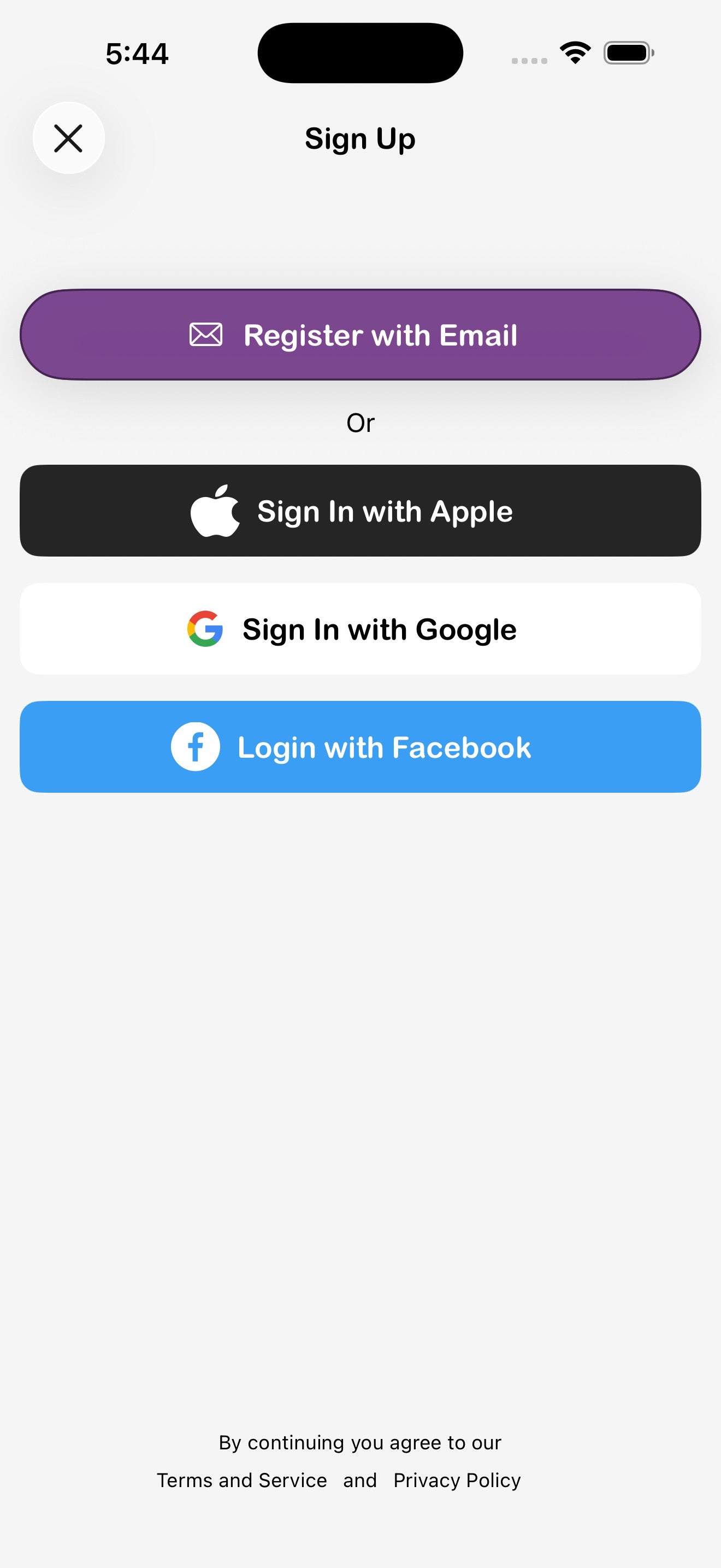 Opzioni di registrazione visualizzate dopo aver toccato Aggiorna