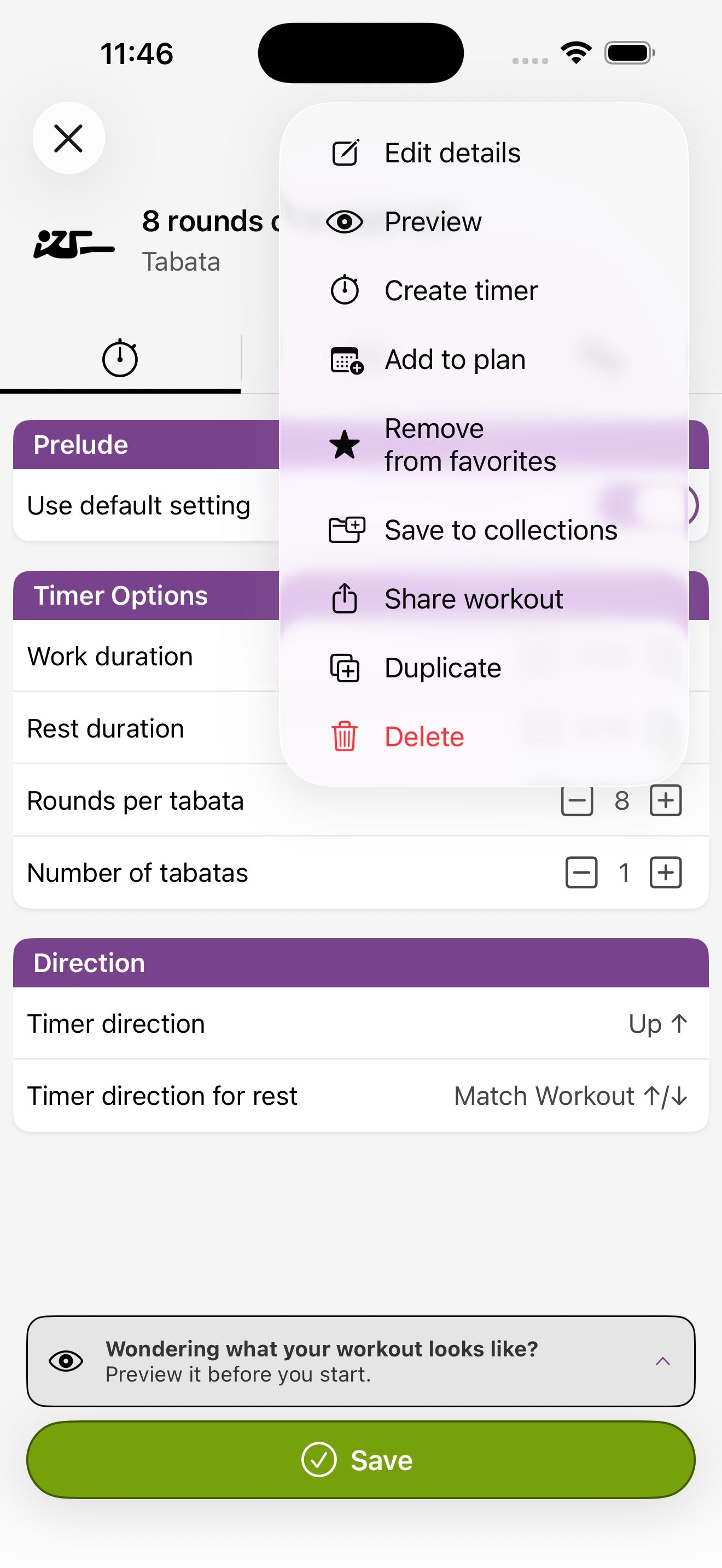 Menu contestuale del timer con Modifica dettagli, Anteprima, Crea timer, Aggiungi al piano, Salva in raccolte, Condividi allenamento, Duplica, Elimina