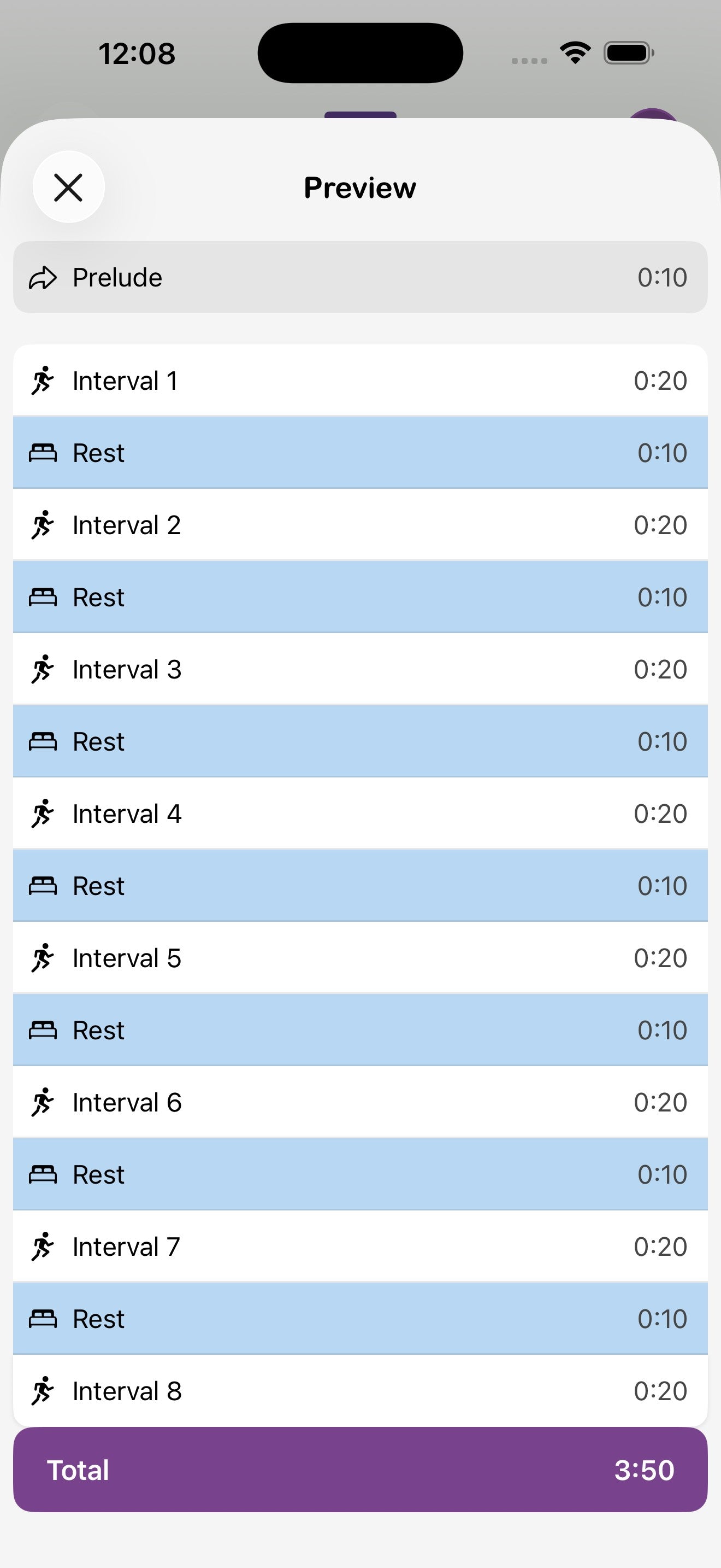 Schermata di anteprima che mostra il riepilogo del timer