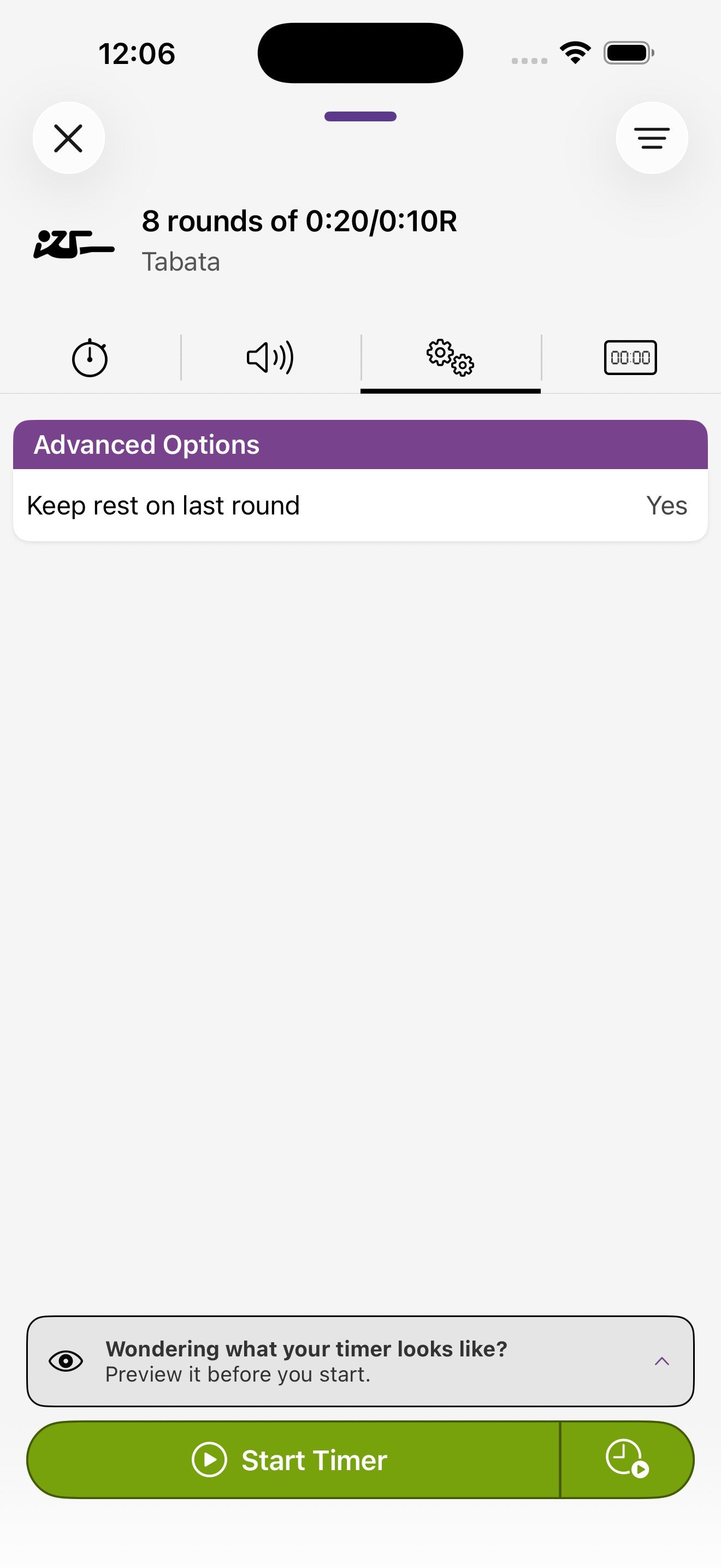 Scheda Configurazione avanzata del timer Round