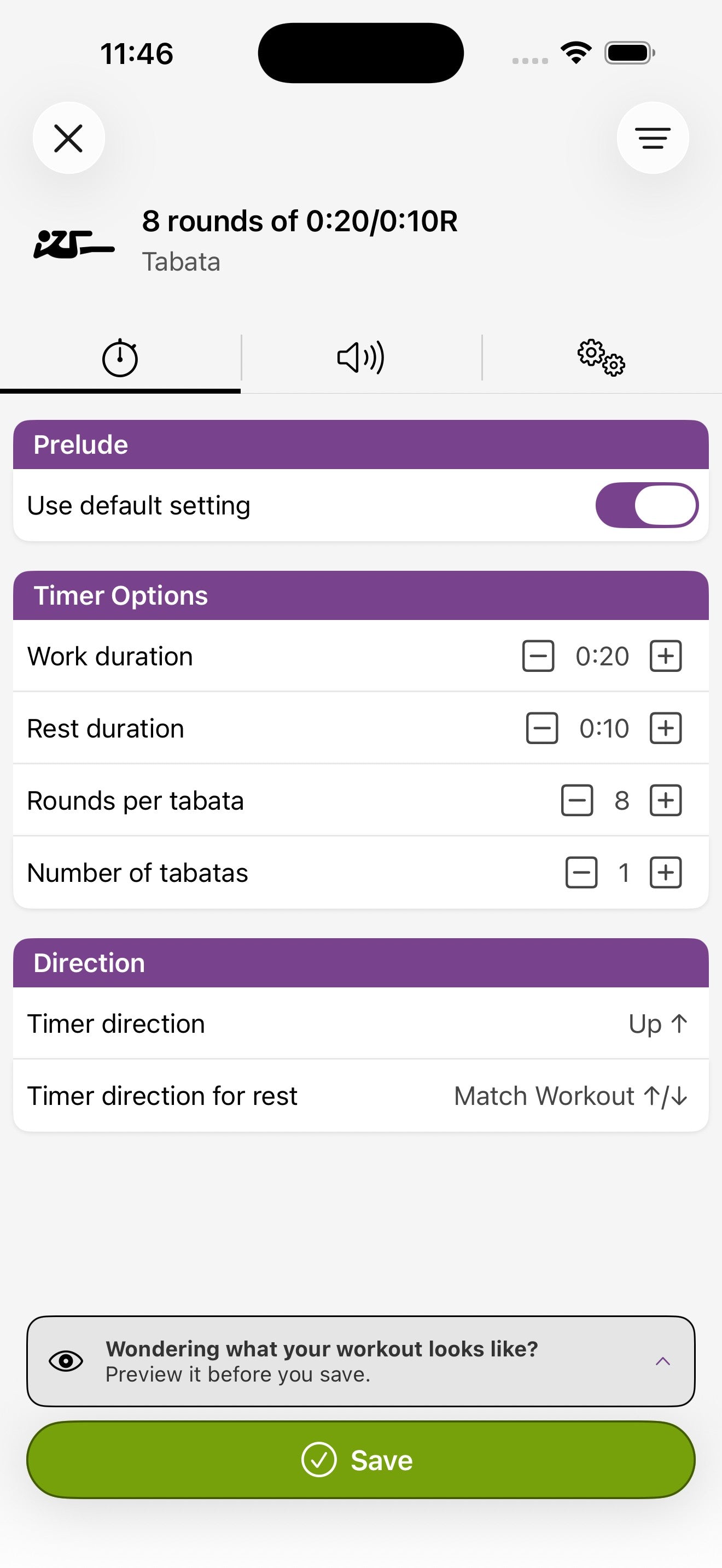 Scheda Configurazione standard del timer Round con Preludio, Opzioni timer, Direzione