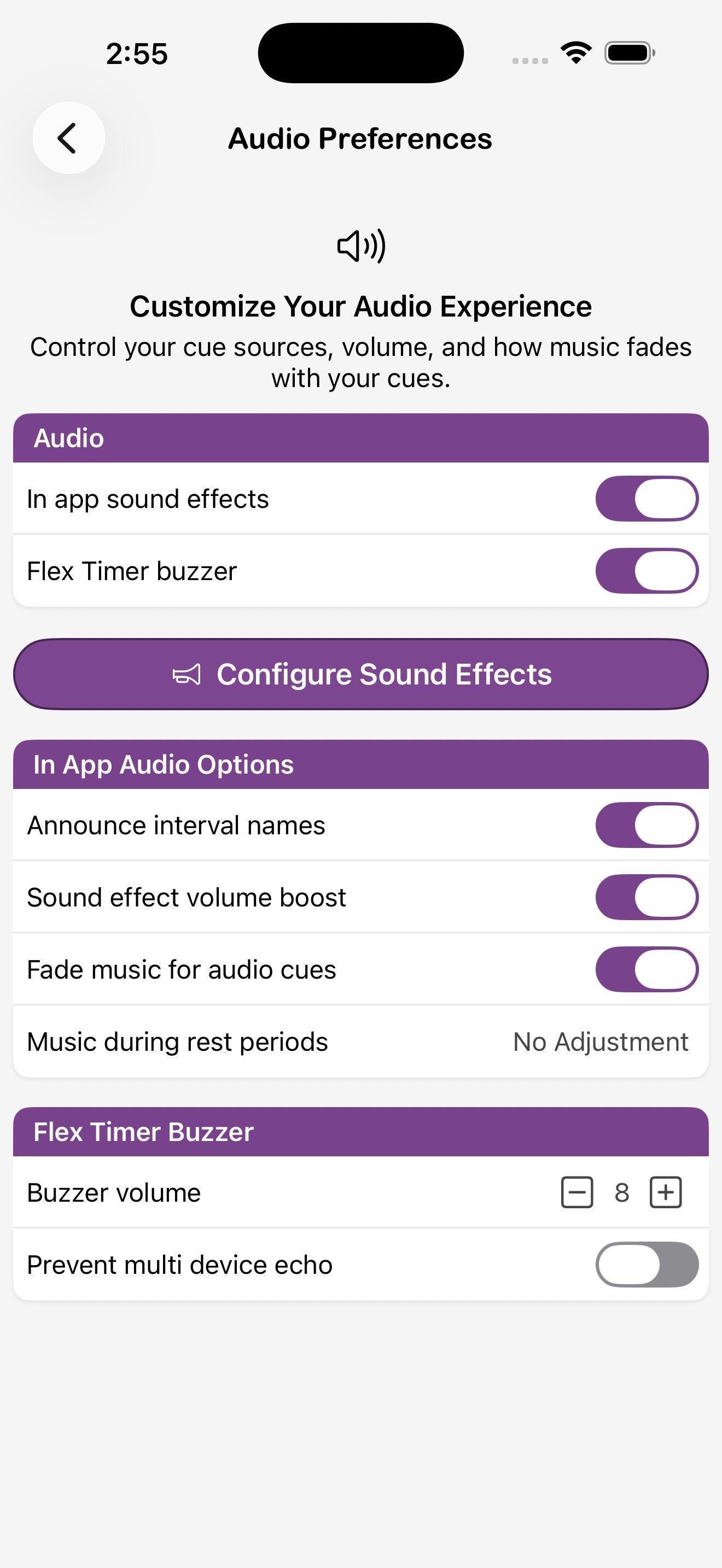 Schermata Preferenze audio