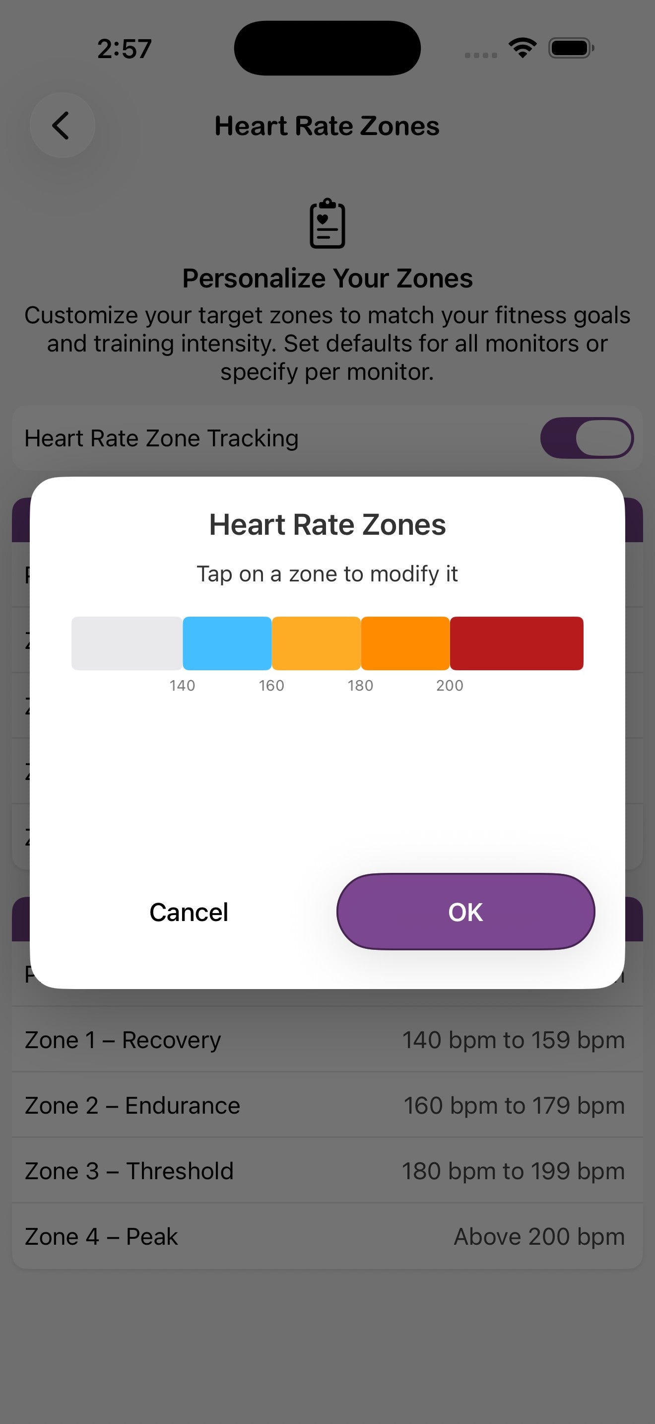 Modale editor zona nelle Zone di frequenza cardiaca