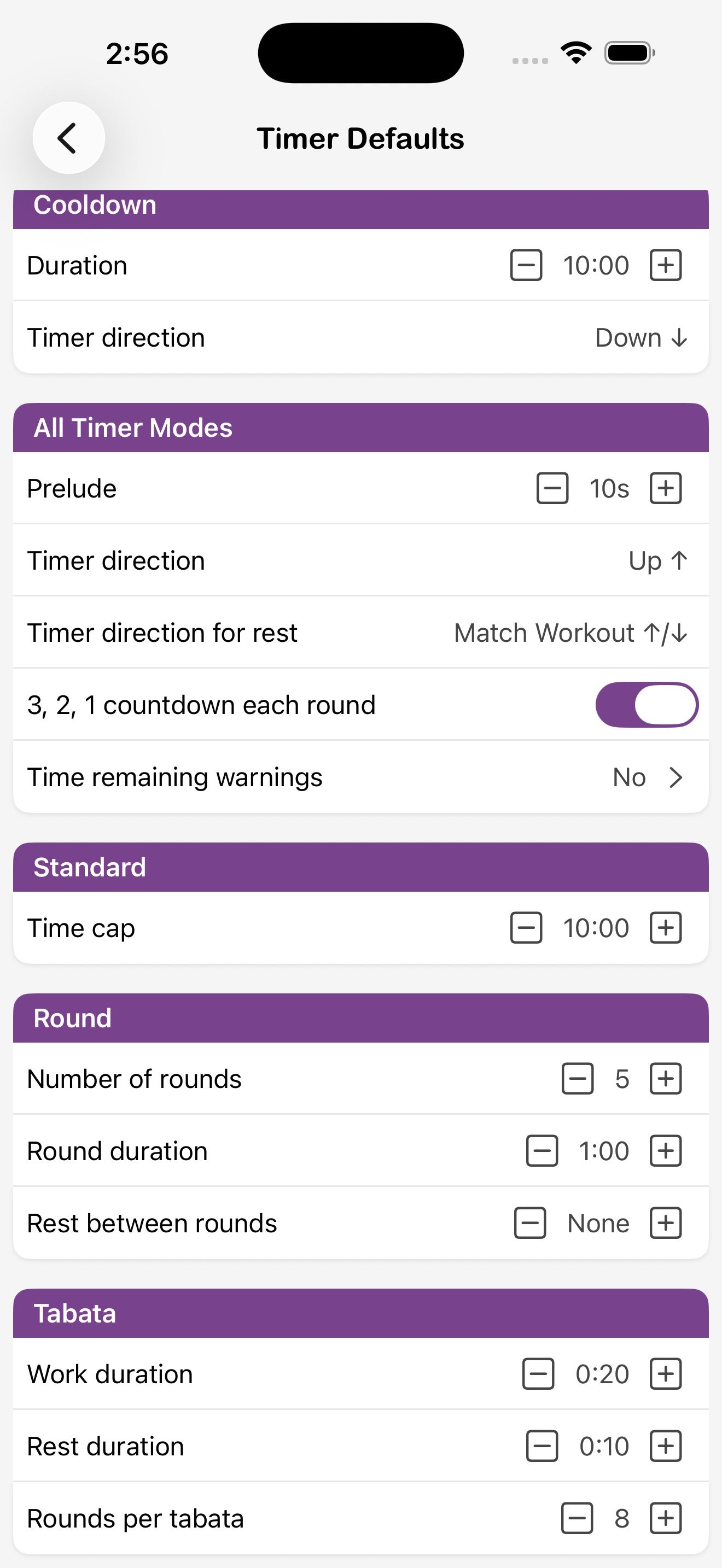 Impostazioni predefinite timer scorrendo fino a Round e Tabata