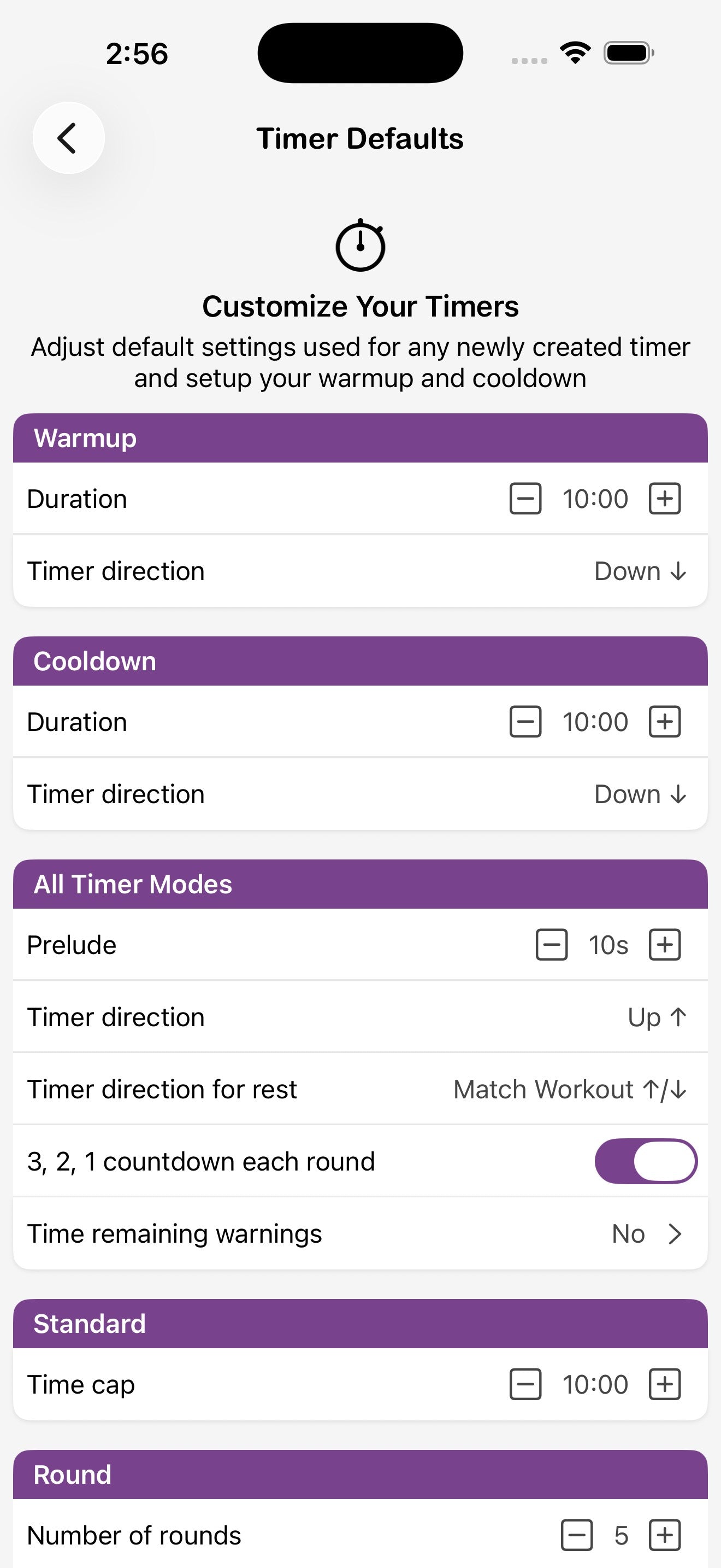 Schermata Impostazioni predefinite timer con Warmup e Cooldown