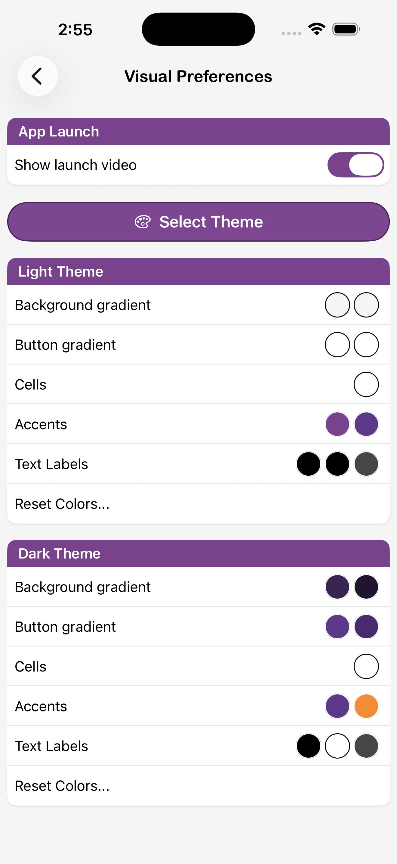 Sezione Visuale app nelle Preferenze visive