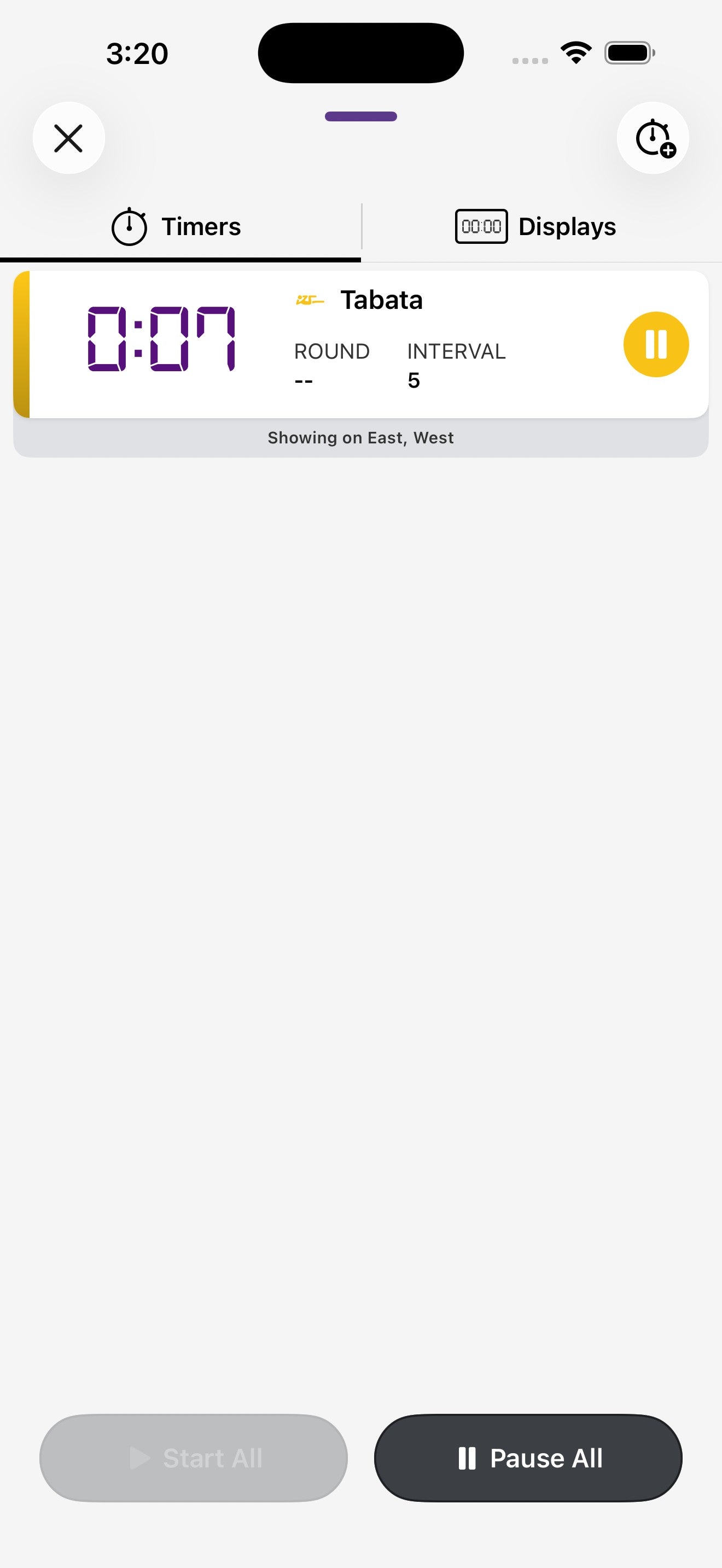 Schermata Timer attivi con un timer Tabata in esecuzione